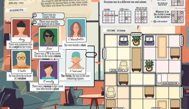 a murder mystery puzzle grid with 6 characters