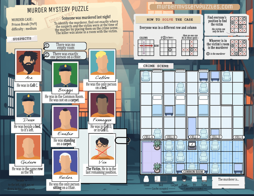 preview of the Prison Break murder mystery logic grid (color version)