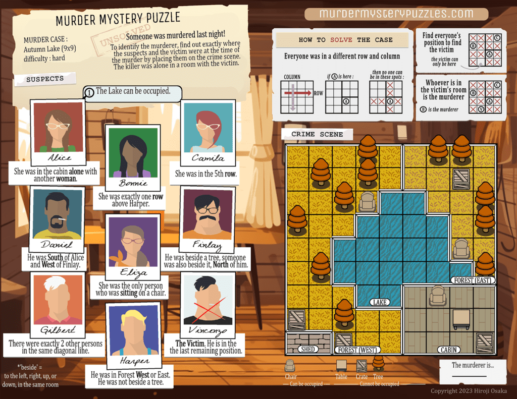 murder mystery puzzle grid, 8 suspect headshots, one 9x9 grid with a autumn outdoor lake theme.