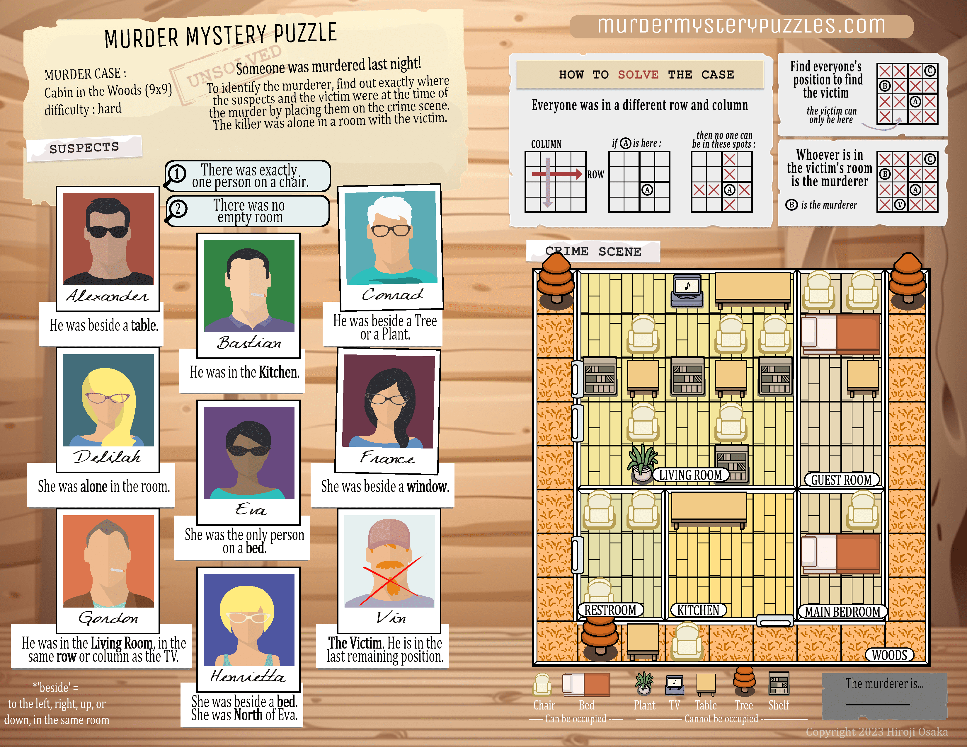 9x9 murder mystery puzzle grid, cabin in the woods theme