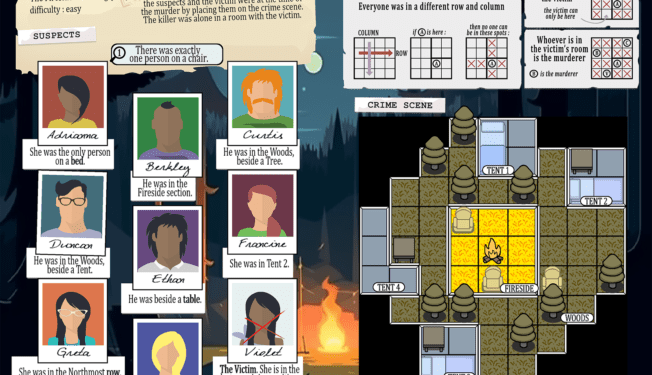murder mystery puzzle grid, 8 suspect headshots, one 9x9 grid with a campfire theme.