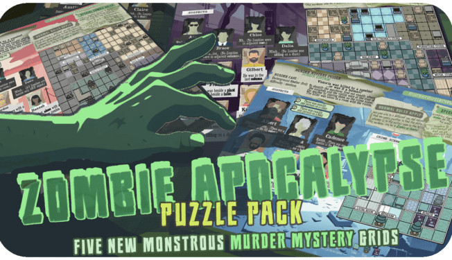 promo picture of the zombie apocalypse murder mystery premium pack, 5 puzzle grids floating in a post-apocalyptic landscape.
