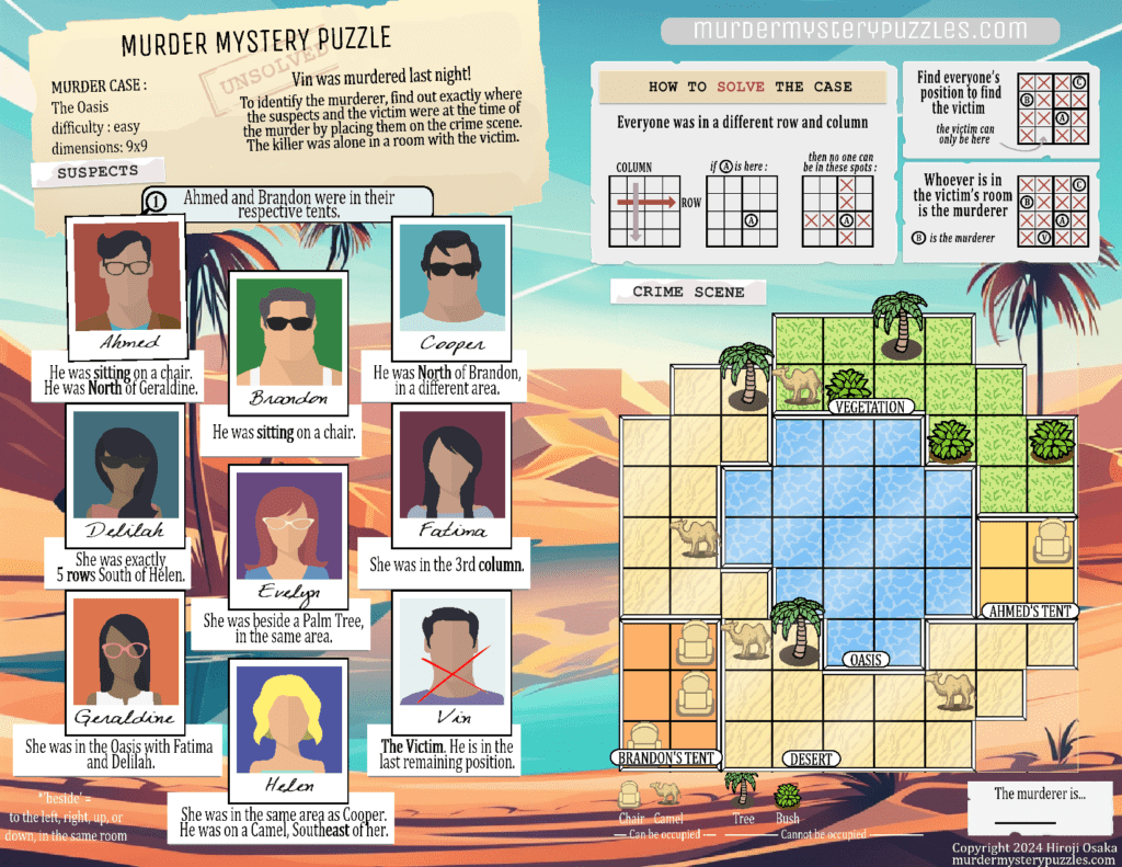 murder mystery puzzle grid with an oasis background