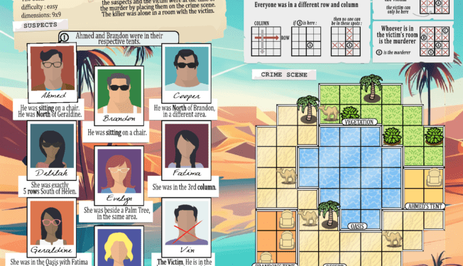 murder mystery puzzle grid with an oasis background